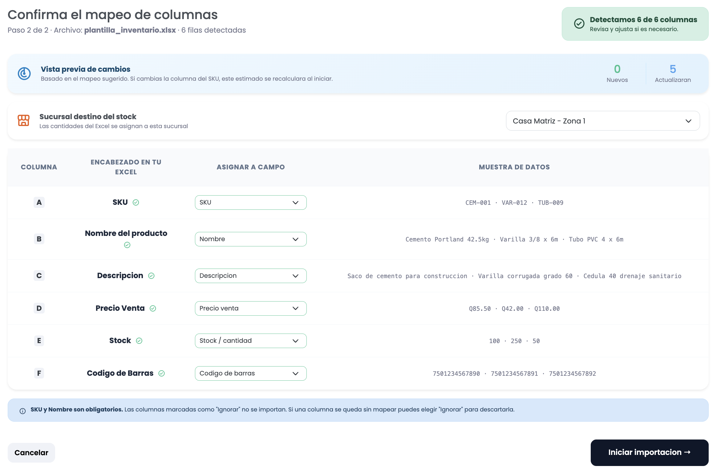 Pantalla de mapeo de columnas para importar productos desde Excel