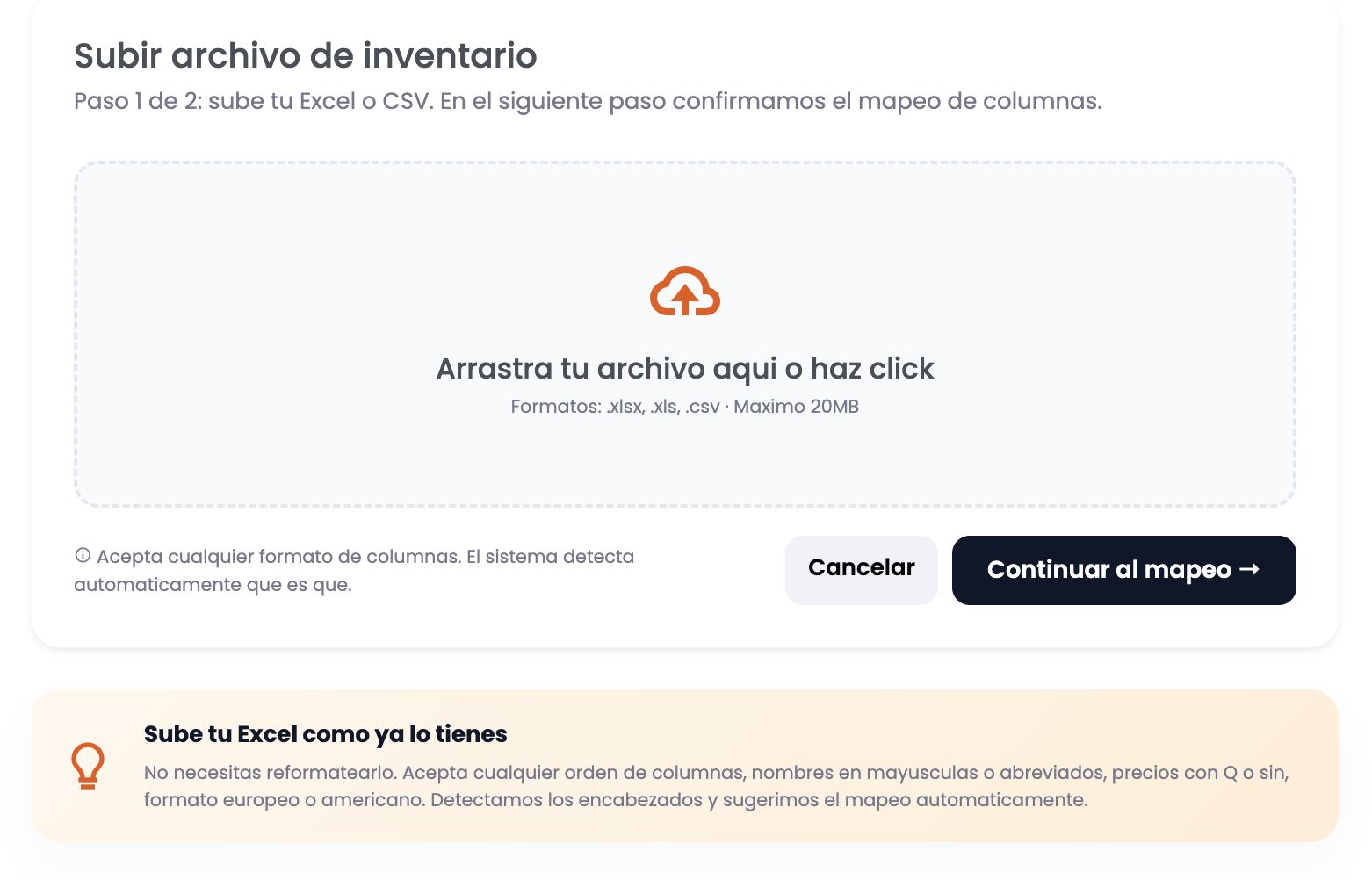 Pantalla de importación de archivo Excel en FerreInnova